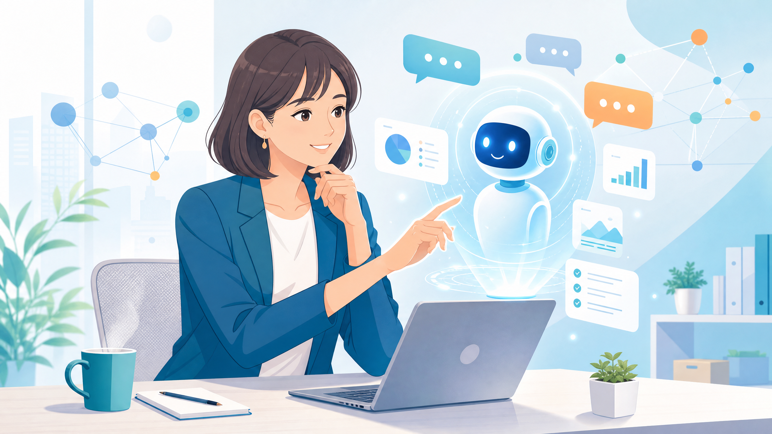 デスクで生成AIアシスタントと対話するビジネスパーソンのイラスト