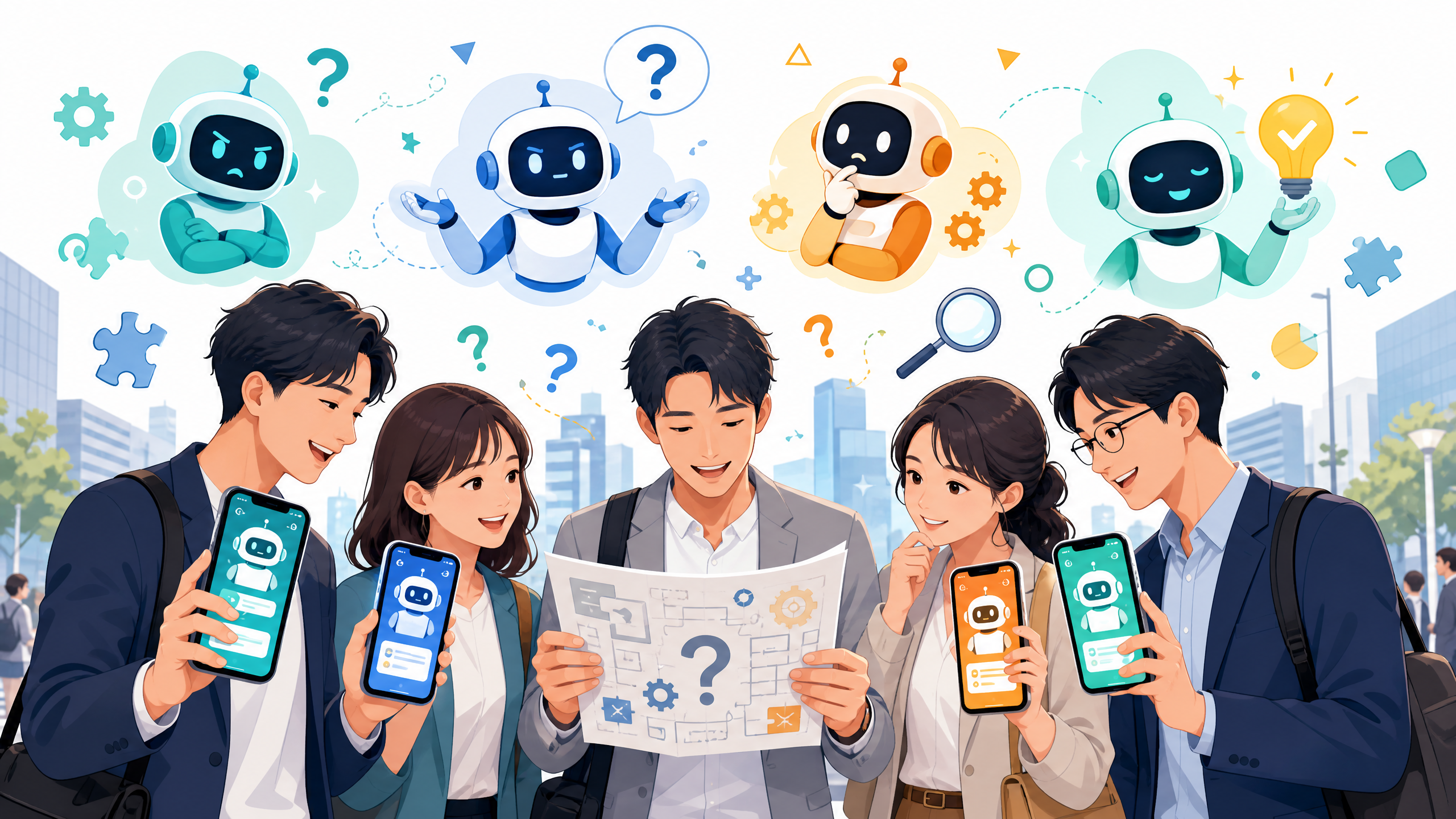スマホでAIに謎解きの問題を解かせようとするビジネスパーソンたちのイラスト